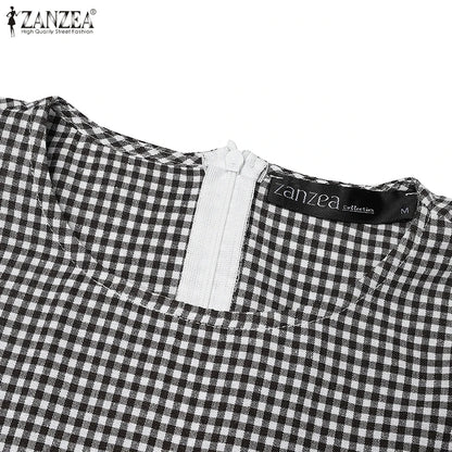 ZANZEA Short Sleeve Checked Wide Leg Overalls Pleated Waist O Neck Loose Casual Gingham Jumpsuits 2024 Fashion Women Long Romper