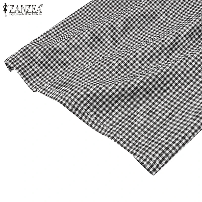 ZANZEA Short Sleeve Checked Wide Leg Overalls Pleated Waist O Neck Loose Casual Gingham Jumpsuits 2024 Fashion Women Long Romper