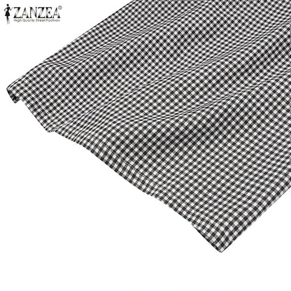 ZANZEA Short Sleeve Checked Wide Leg Overalls Pleated Waist O Neck Loose Casual Gingham Jumpsuits 2024 Fashion Women Long Romper