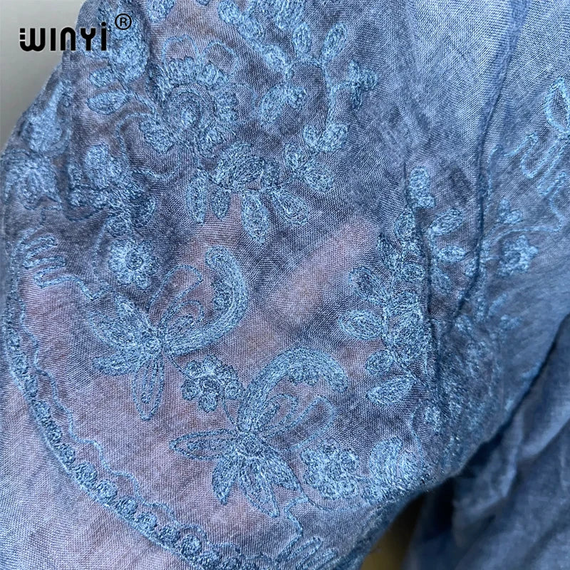 WINYI Kimono Hand-Dyed Embroidered Cardigan Beachwear Evening Dress Abaya Dubai Luxury Cover-Ups Beach Outfits Women Maxi Coat
