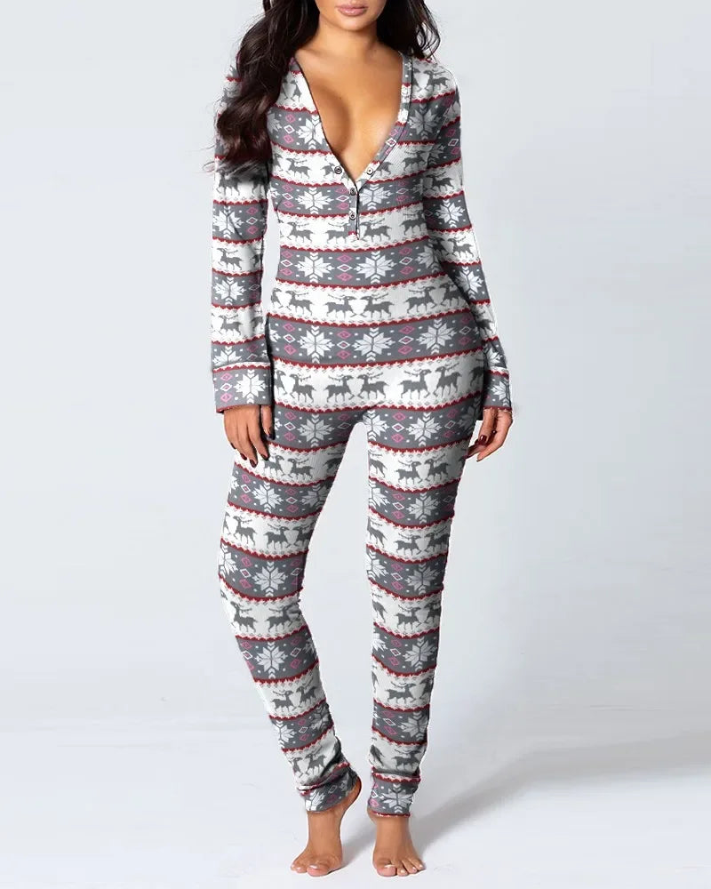 New Women Pajamas Sexy V-neck Jumpsuit Plaid Casual Long Sleeve Pyjama Button-down Front Functional Buttoned Flap Sleepwear