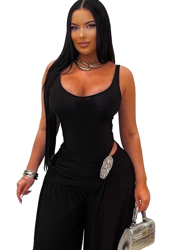 Kricesseen Sexy Ruched Waist Jumpsuits for Women Solid Sleeveless Wide Leg Long Pants Celebrity Party Clubwear Rompers