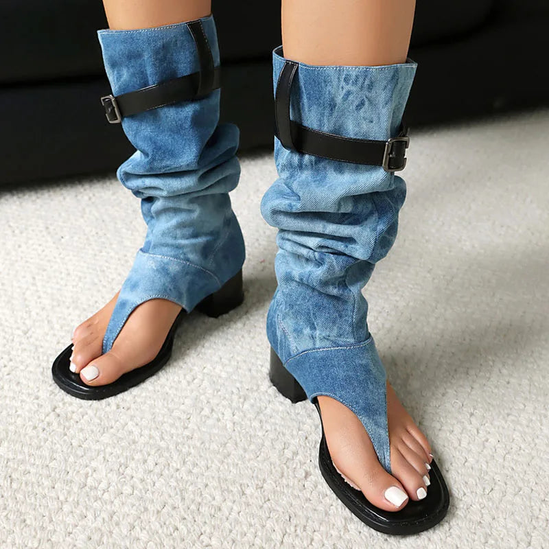 New Fashion sandalias femininas Clip Toe Chunky Heels High Top Sandals Women Knee High Boot Summer Shoes Lady Flip Flops WSH5264