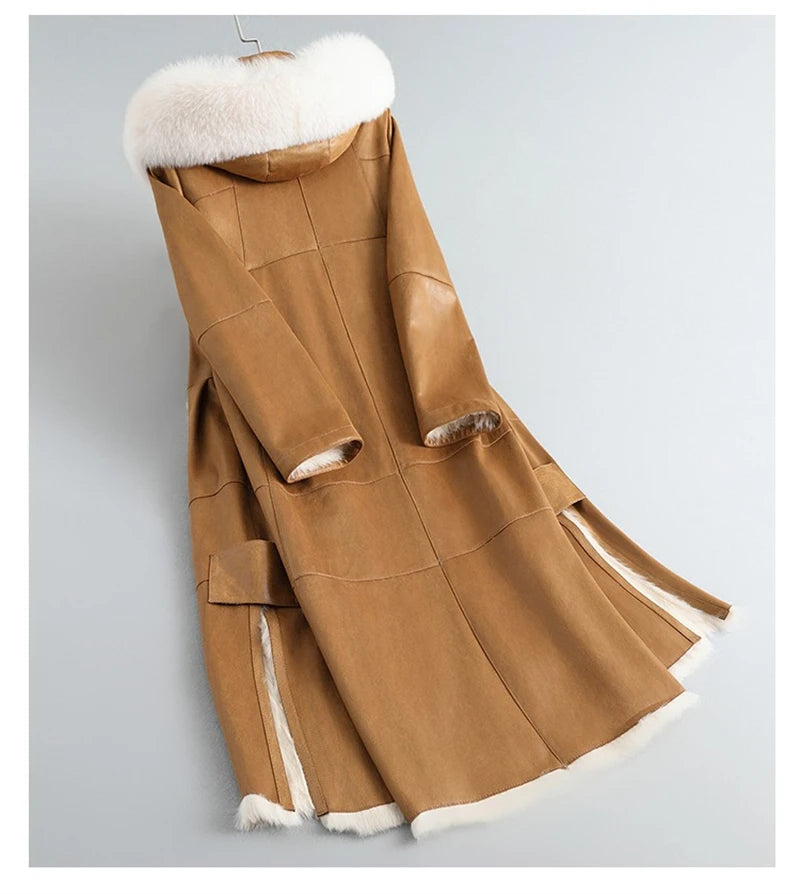 PUDI Women's Real Rabbit Fur Coat with Fox Fur Collar Outwear Female Mid Length Hooded Jacket With Mink Fur Pocket CT445