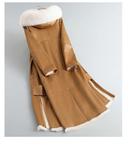 PUDI Women's Real Rabbit Fur Coat with Fox Fur Collar Outwear Female Mid Length Hooded Jacket With Mink Fur Pocket CT445