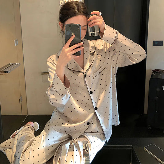 French High Sense of Sleepwear Women Spring and Fall New Simple Polka Dot Long-Sleeved Long Pants Ice Silk Homewear Fashion Suit