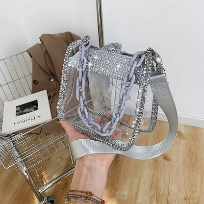 Clear Crossbody Bag for Women PVC Transparent Single Shoulder Chain Portable Messenger Bags Small Square Satchel Bag Girls Gift
