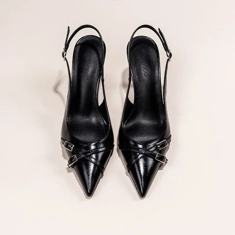 Fashionable Pointed Toe Shallow Mouth New High-heeled Shoes Summer Elegant Buckle Decorated Stiletto Black Women's Shoes NO:602