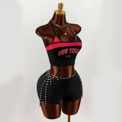 2026 new summer American retro sports Y2K hanging neck shorts two-piece set punk street trend fashion ins personality spicy girl