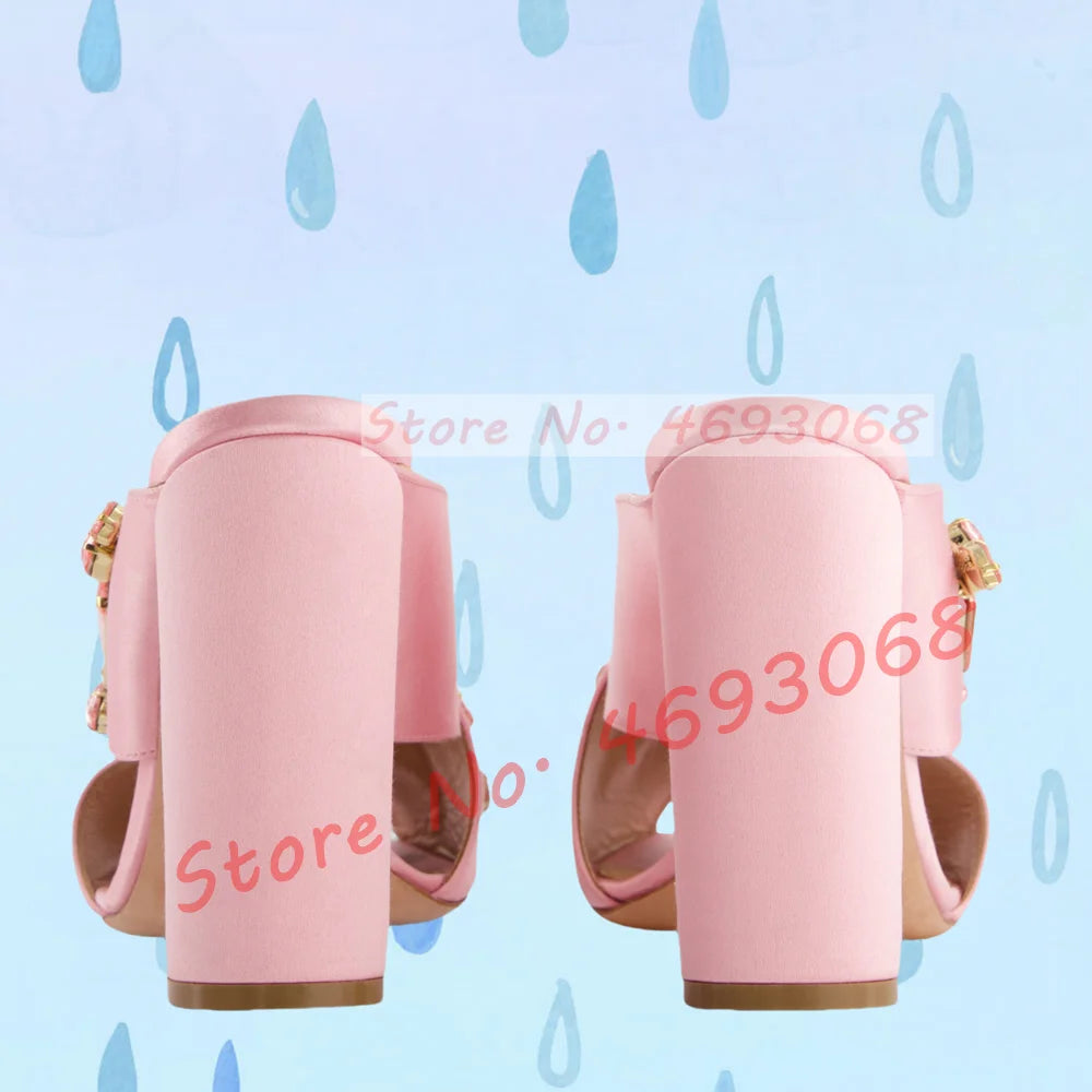 Gems Silk Chunky High Heels Slippers Women Luxury Cross Strap Rhinestone Mules Ladies Stylish Summer Bling Open Toe Party Shoes