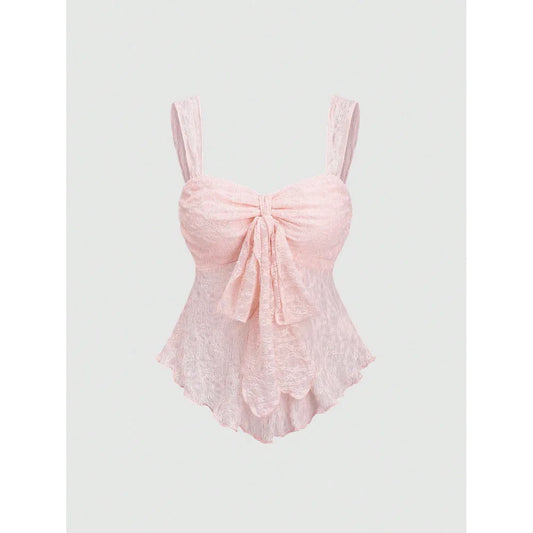 French solid color lace jacquard camisole vest with bow decoration, waist cinching short top, gentle and pure style vest