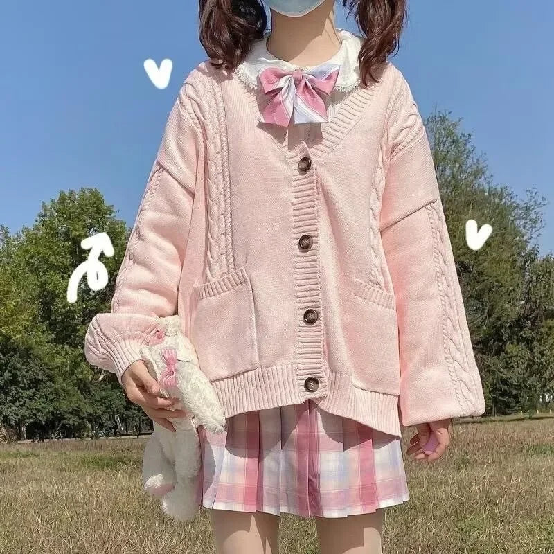 School Autumn Winter Lazy Style Japanese JK Knit Cardigan Loose College Sweater Plaid Skirt Matching Set For Campus Daily Class