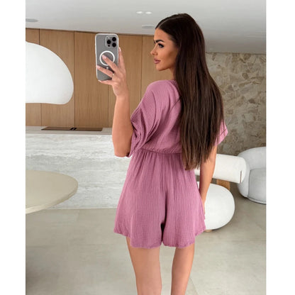 Women's Playsuits Summer 2026 Beach V Neck Short Sleeve Women's Jumpsuits Shorts Loose Casual Simple Vacation Women's Rompers