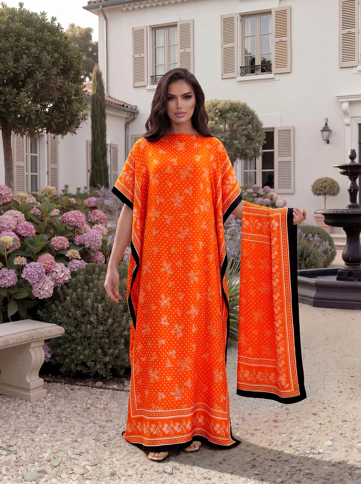Boho Floral Polka Dot Print Satin Abaya Scarf Set, Loose Batwing Maxi Kaftan For Muslim Women Summer Beach Daily Holiday Wear
