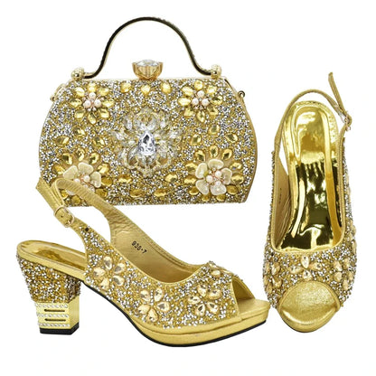 Nigerian Shoes and Matching Bags Sales in Women Matching Shoes and Bag Set for Party Rhinestone Wedding Shoes for Women Bride