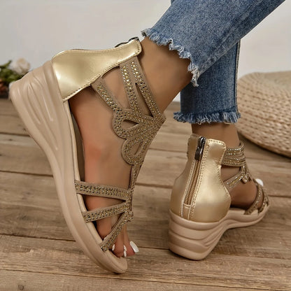 Fashion Wedge Beach Casual Rhinestone Zip-Back Women's Sandals Crystal Upper Luxury Sandals Khaki Big Size 43 Footwear