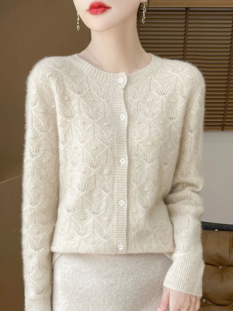 New Autumn Winter Soft Warm Cardigan Woman Cashmere Sweater O-neck Women 100% Merino Wool Sweater Loose Fit Hollow out Top Coat