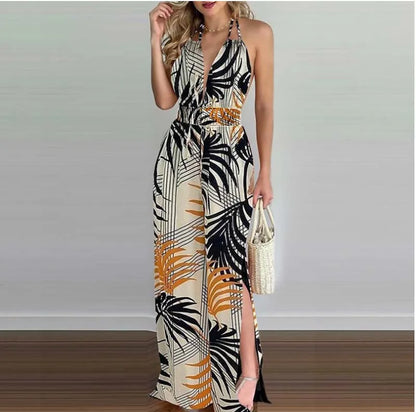 New Summer Sleeveless Halter Jumpsuits for Women Backless Print Lace-up Wide-leg Women Jumpsuit Rompers Womens Jumpsuit Q3706
