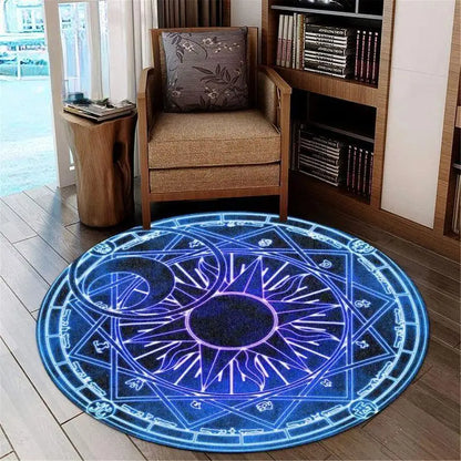 Gothic Satanic Cat & Goat Round Area Rug, Dark Aesthetic Throne Pattern Floor Mat Non-Slip Washable Circle Carpet for Home Decor