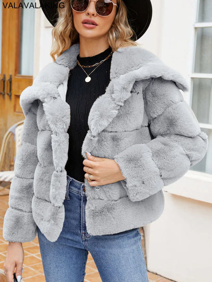 2026 Autumn Winter Turndown Collar Faux Fur Coat Women Casual Long Sleeve Fluffy Plush Jacket Khaki Thick Fake Fur Warm Cardigan