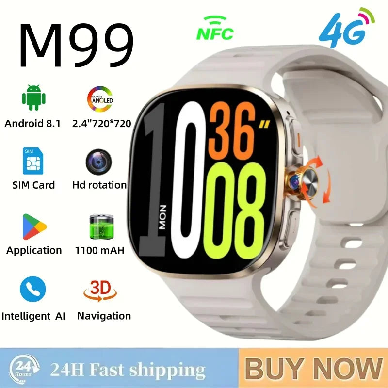 M99 5G Smartwatch: 2.4" AMOLED Screen, Rotating Camera, SIM & WiFi Support for Standalone Calls and Social Media.