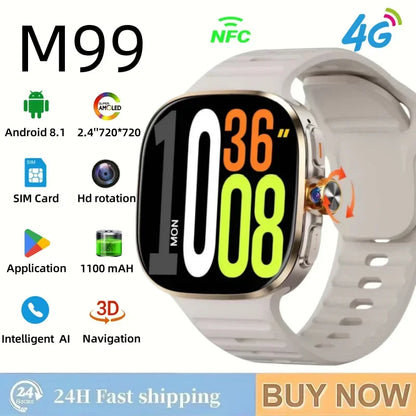 M99 5G Smartwatch: 2.4" AMOLED Screen, Rotating Camera, SIM & WiFi Support for Standalone Calls and Social Media.