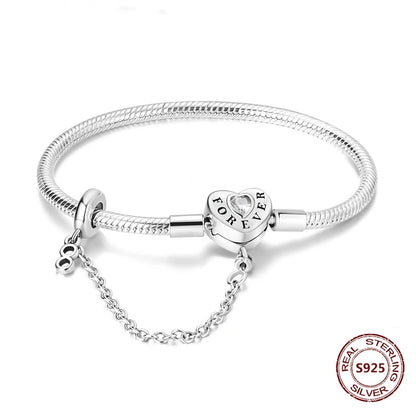 Silver 925 Bracelet Original Bracelets Colorful Zircon Heart Flower Cat Snake Chain For DIY Charms 17-20CM Luxury Jewelry Gifts