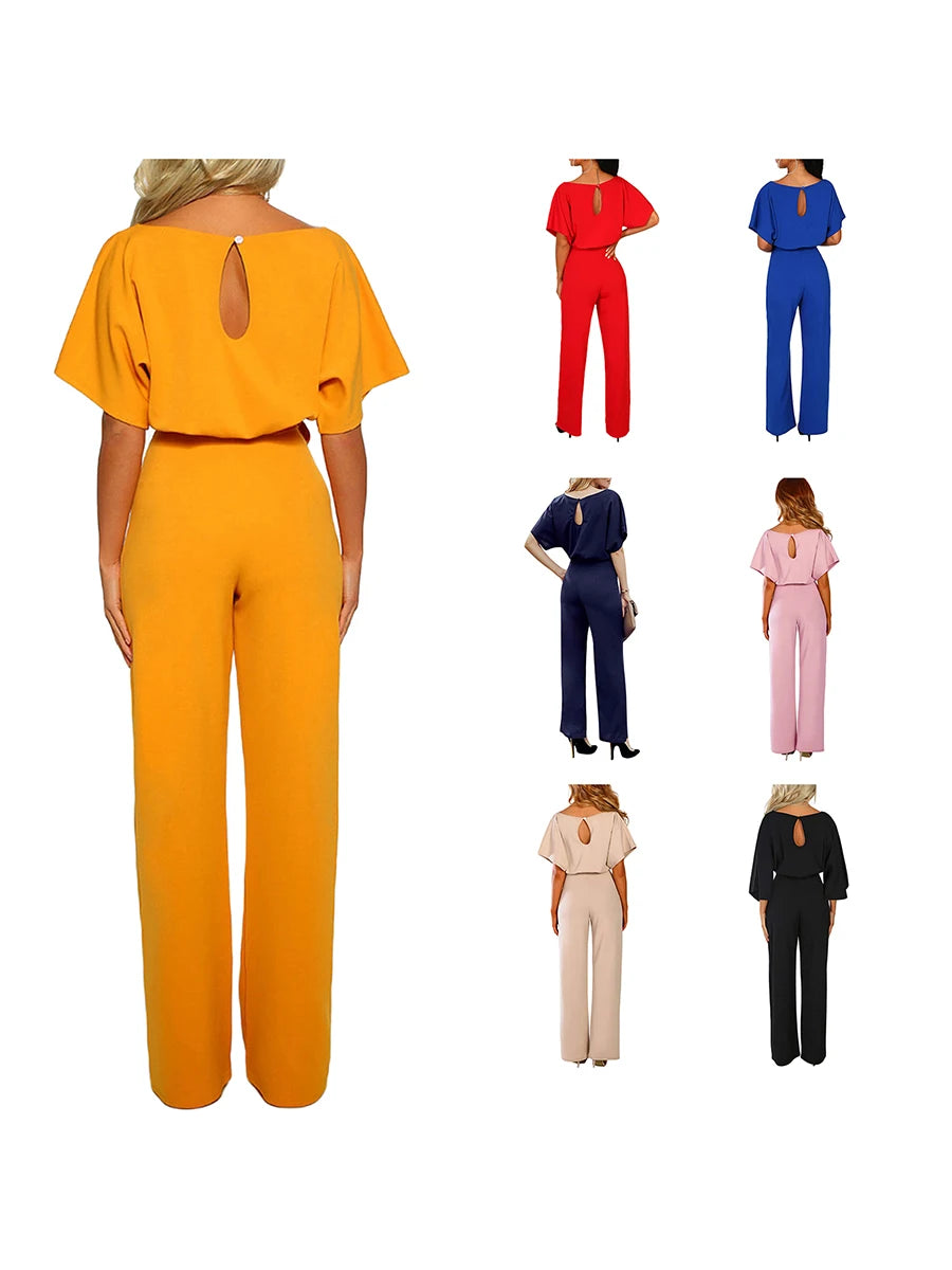 Women's clothing summer 2024 Jumpsuit, Elegant Short Sleeve Hollowed Waist Tie Solid Summer Wide Leg Pants