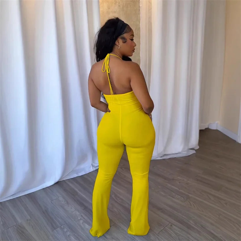 Doyerl Halter V-neck Backless One Piece Jumpsuit Women Sexy Hollow Out Sleeveless Night Club Outfits Birthday Rompers Overalls