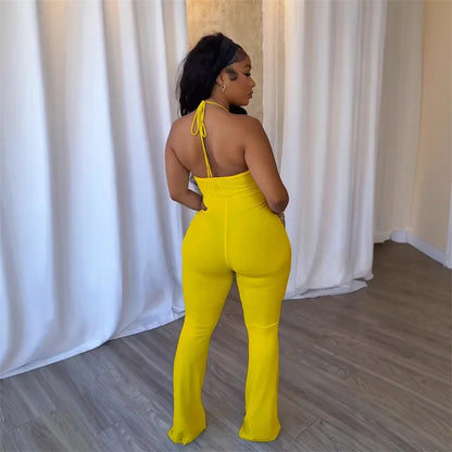 Doyerl Halter V-neck Backless One Piece Jumpsuit Women Sexy Hollow Out Sleeveless Night Club Outfits Birthday Rompers Overalls