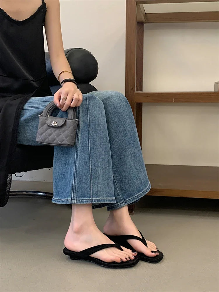 ZAROY Red Women's Flip Flops Summer Slippers Square Clip Toe Thin Low Heels Casual Beach Mules Slides Thongs Sandals Zapatos