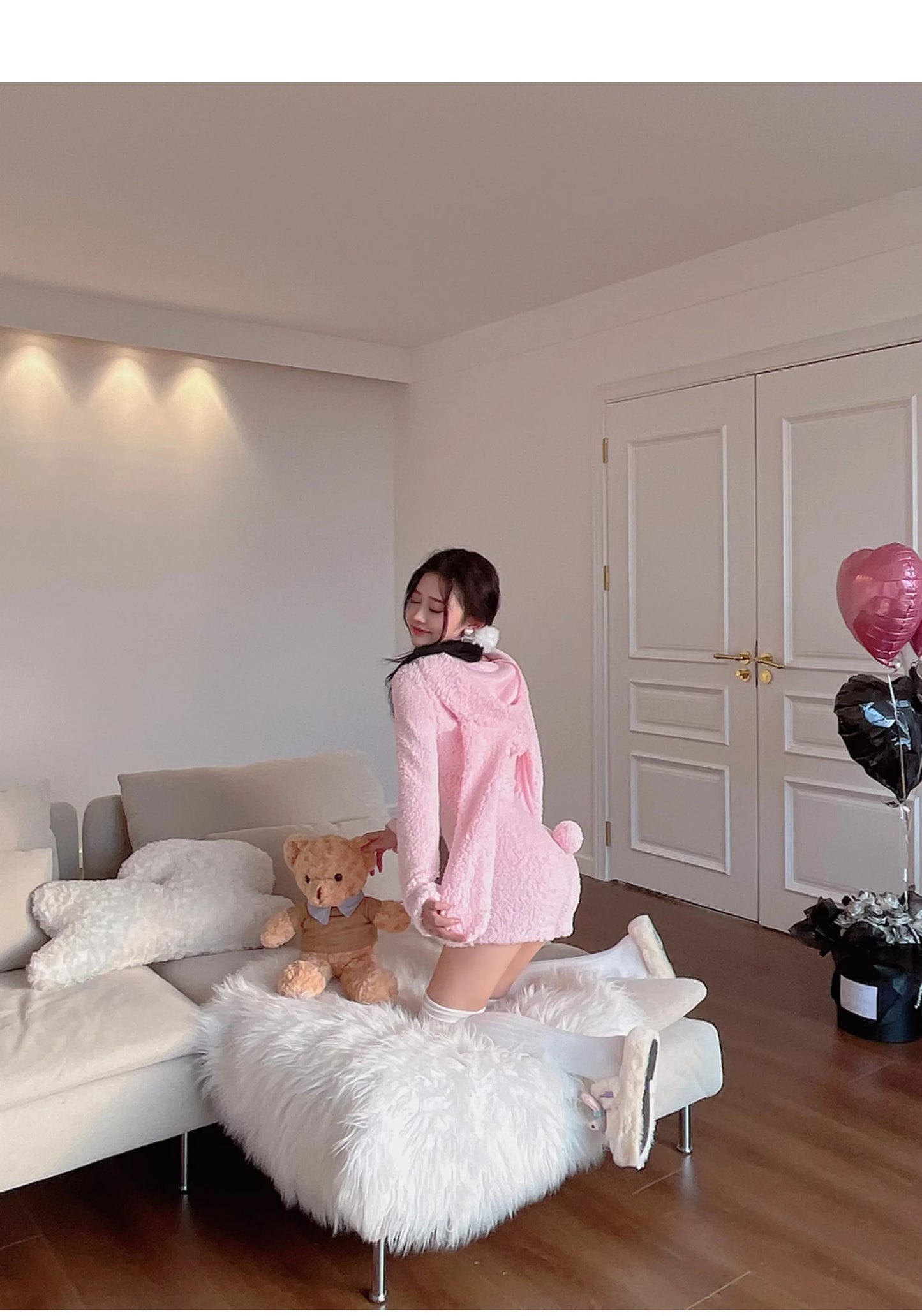 Pink Rabbit Hooded Fluffy Jumpsuits Sweet Zipper Long Sleeve Solid Color Rompers Flannel Onesie Shorts Pajamas Loungewear