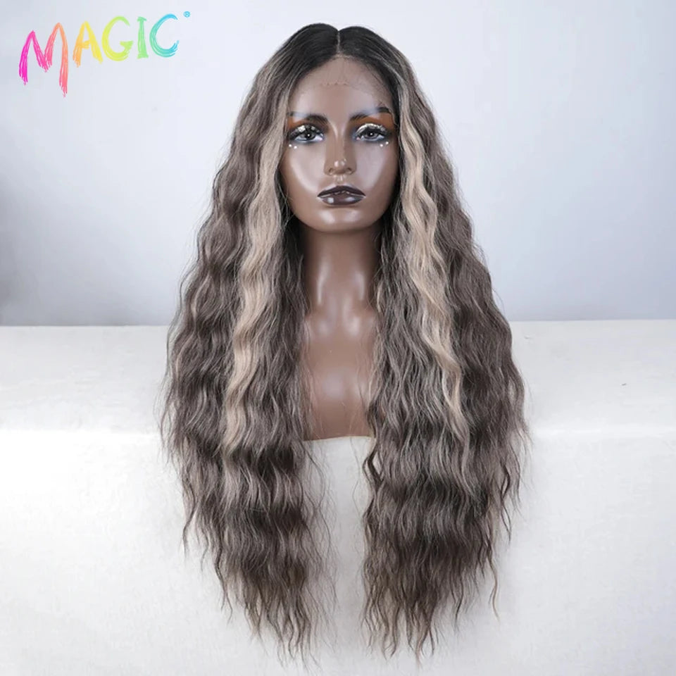 Magic Synthetic Lace Front Wig Long Deep Wavy 30 Inch Ombre Blonde Ginger Lace Wigs For Black Women Heat Resistant Cosplay Wigs
