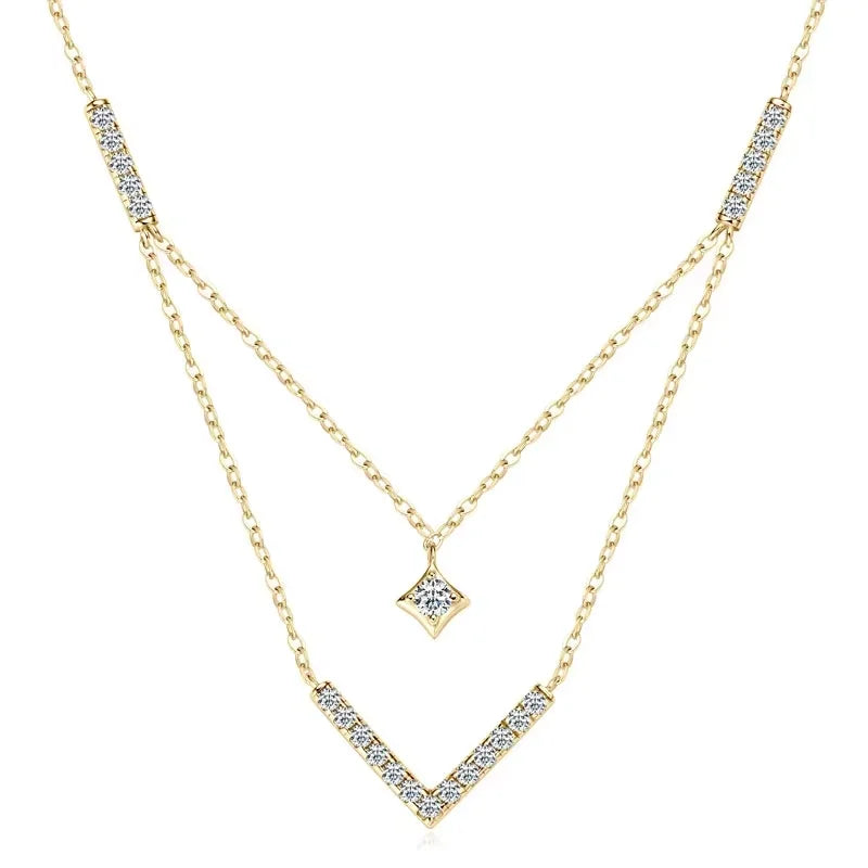 Lnngy Sparkling 3mm&1.8mm Round Moissanite Necklace 925 Sterling Silver Fashion V-Shape Necklaces for Women Fine Jewelry Gift