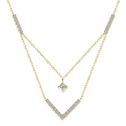 Lnngy Sparkling 3mm&1.8mm Round Moissanite Necklace 925 Sterling Silver Fashion V-Shape Necklaces for Women Fine Jewelry Gift