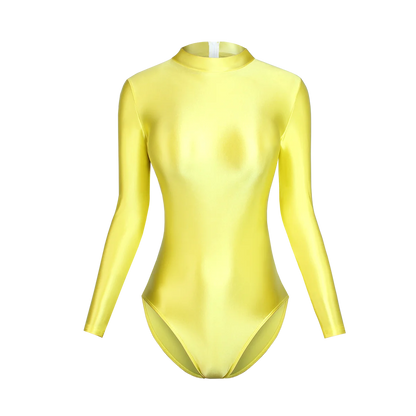 Satin Glossy Leotards Long Sleeve Back Zipper One Piece Swimsuit Sexy High-Cut Bikini Bodysuit Women Bathing Suit Plus Size