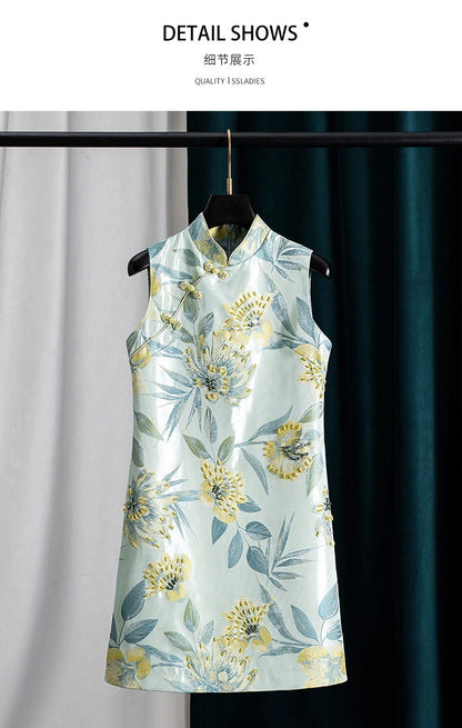 Women Chinese Style Cheongsam Jacquard Beaded Dress Sleeveless Tank Dress Elegant Vintage Party Dress Ladies