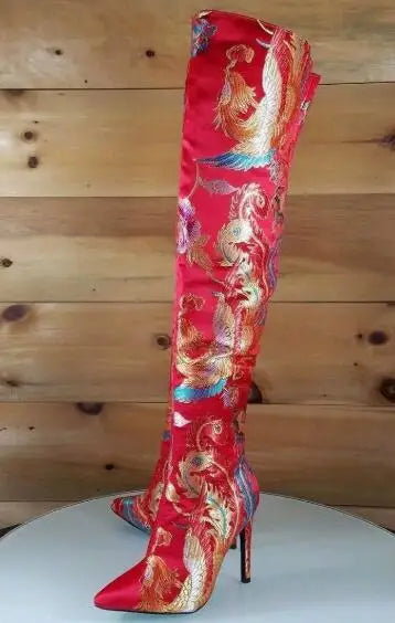 Autumn Royal Blue Red Silk Colorful Print Pointed Toe Over The Knee Boots Women Ethnic Style Hidden Zipper Slim Thigh Long Boots