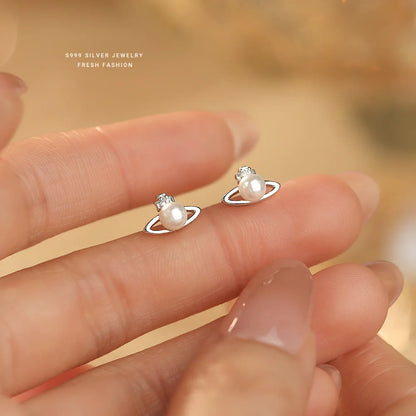Fashionable Simple 999 Sterling Silver Zircon Planet Shell Earrings for Women Exquisite Light Luxury Jewelry