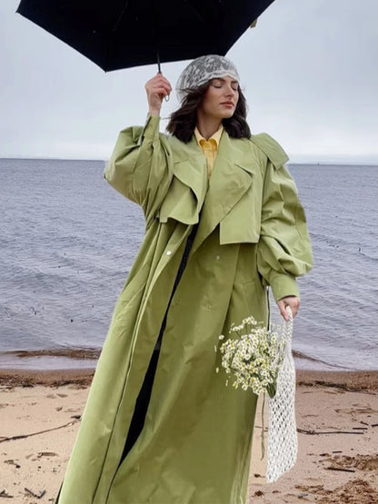 Women Khaki Long Color-block Stripe Trench Coat Wide Lapel Loose Drop Shoulder Blue Lining Slit Windbreaker Commute Outing Coats
