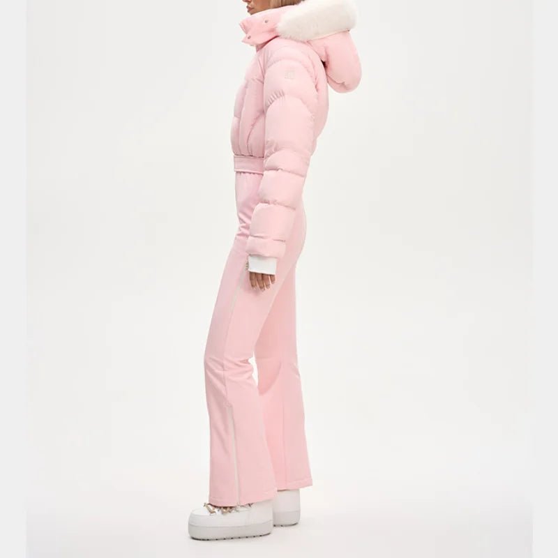Thicken One-piece Ski Suit Women Faux Fur Hooded Tassels Coat High Waist Belt Jumpsuit 2025 Winter Windproof Waterproof Skiwears
