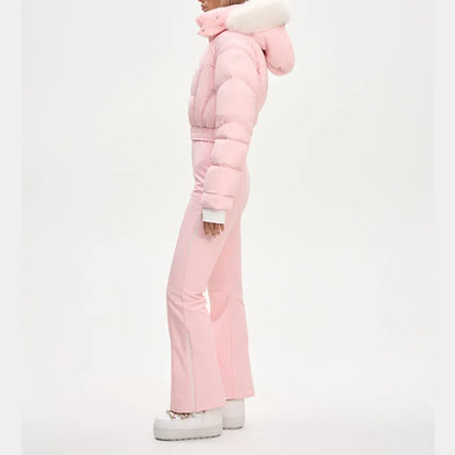 Thicken One-piece Ski Suit Women Faux Fur Hooded Tassels Coat High Waist Belt Jumpsuit 2025 Winter Windproof Waterproof Skiwears