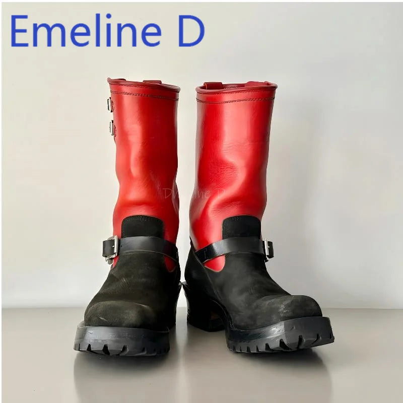Color Blocked Upturned Western Cowboy Boots Fashionable Leather Splicing Design for Men and Women Square Headed Knight Boots