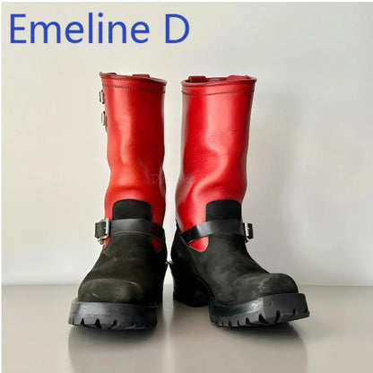 Color Blocked Upturned Western Cowboy Boots Fashionable Leather Splicing Design for Men and Women Square Headed Knight Boots
