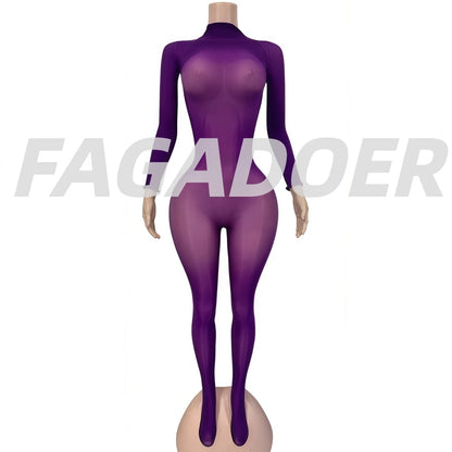 FAGADOER Summer New Sexy Mesh See Through Bodycon Jumpsuit Woman Long Sleeved Round Neck Rompers Female Party Club Overalls
