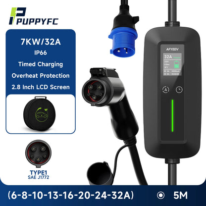 Puppyfc 7KW EV Charger Portable Cable Type2 IEC62196-2 Type1/GBT Electric Car Wallbox Home 32A  Charging Station CEE Plug