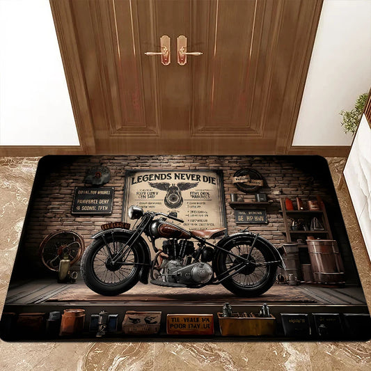 VIKAMA Vintage Motorcycle Garage Rug, Non-Slip Washable Biker Carpet, "Legends Never Die" Classic Bike Print Floor Mat for Entry