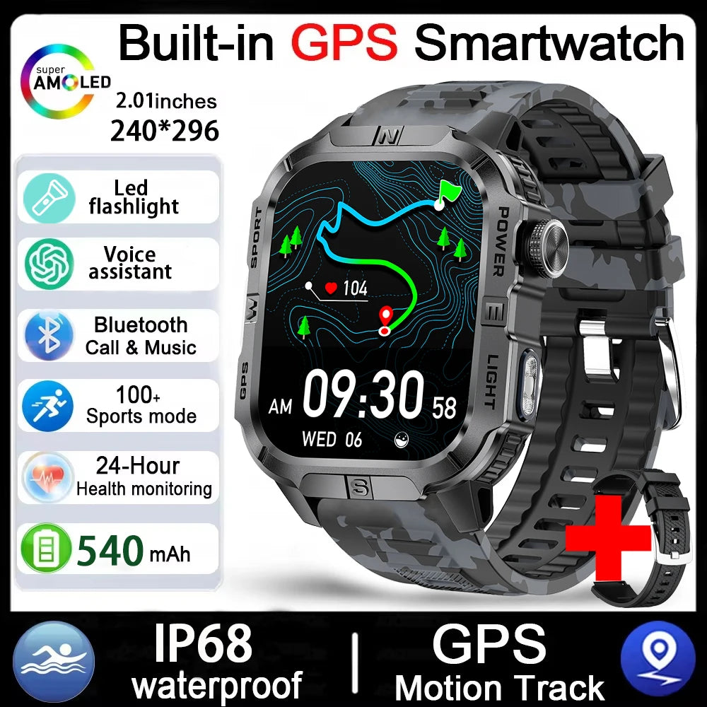 2026 New Outdoor Military Men's Smartwatch Is Equipped With GPS LED Lighting, A Compass, Wireless Communication, IP68 Waterproof