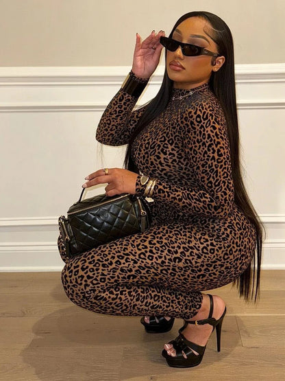 kliou Midnight Y2K Women Jumpsuits Hipster Leopard Print Full Sleeve Round Neck Slim Overalls Female Trend Party Club One Piece