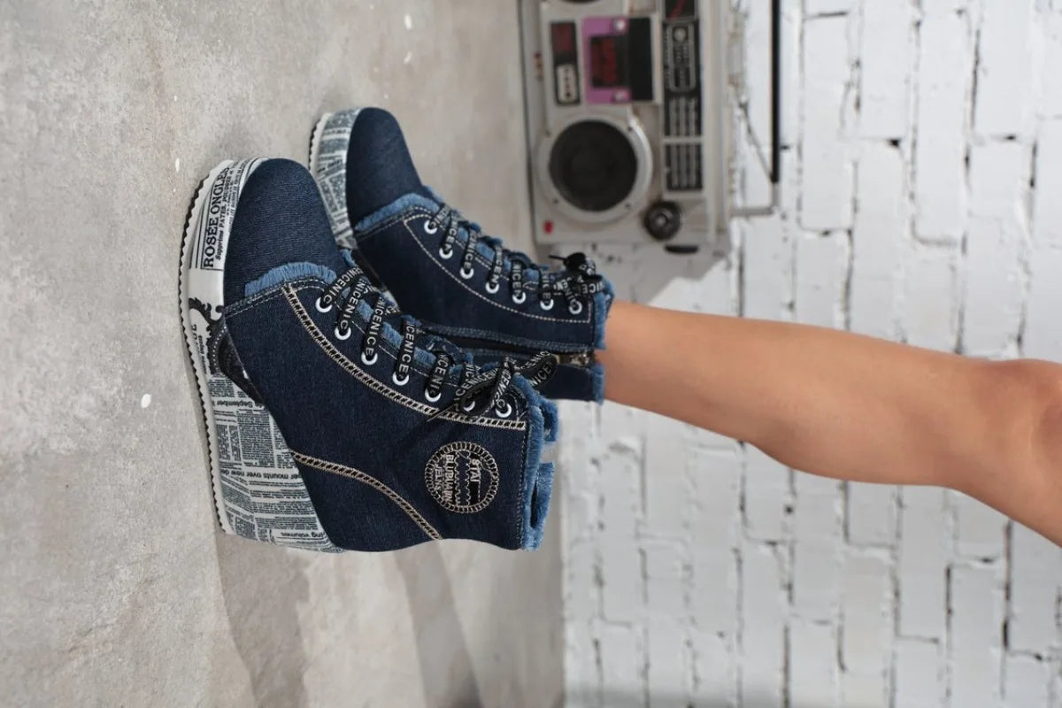 Women's Wedge Sneakers High Top Round Toe Denim-Look Lace-Up Side Zipper Letter Print Detail Casual Platform Ankle Boots 2026